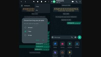 Capturas de tela demonstrando o recurso de fixação de mensagens em conversas individuais no WhatsApp. Fonte: WABetaInfo